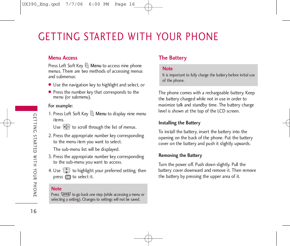 Getting started with your phone | LG UX390 User Manual | Page 16 / 105