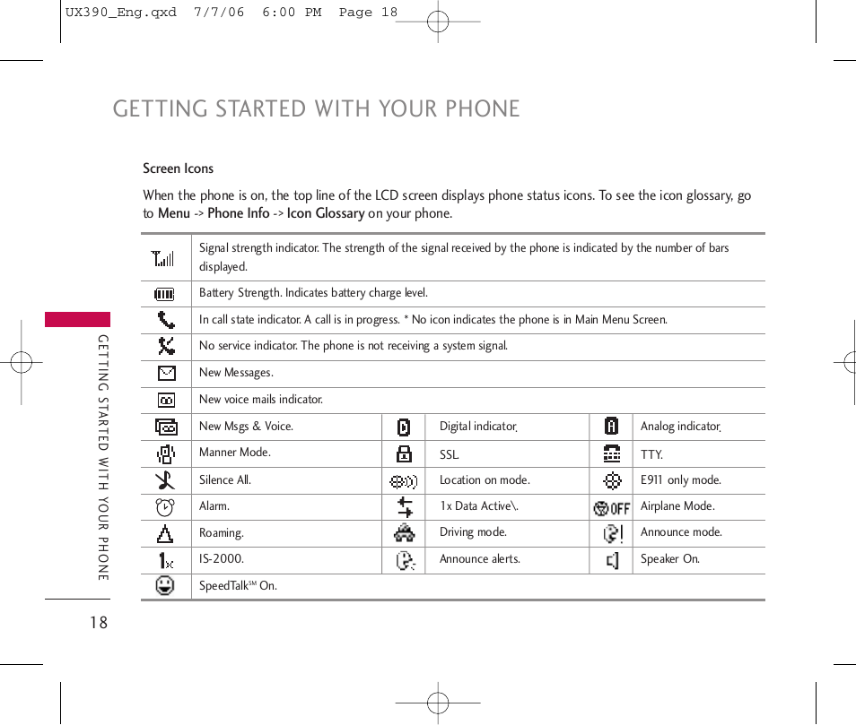 Getting started with your phone | LG UX390 User Manual | Page 18 / 105