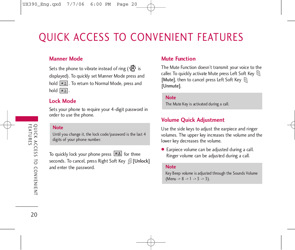 Quick access to convenient features | LG UX390 User Manual | Page 20 / 105