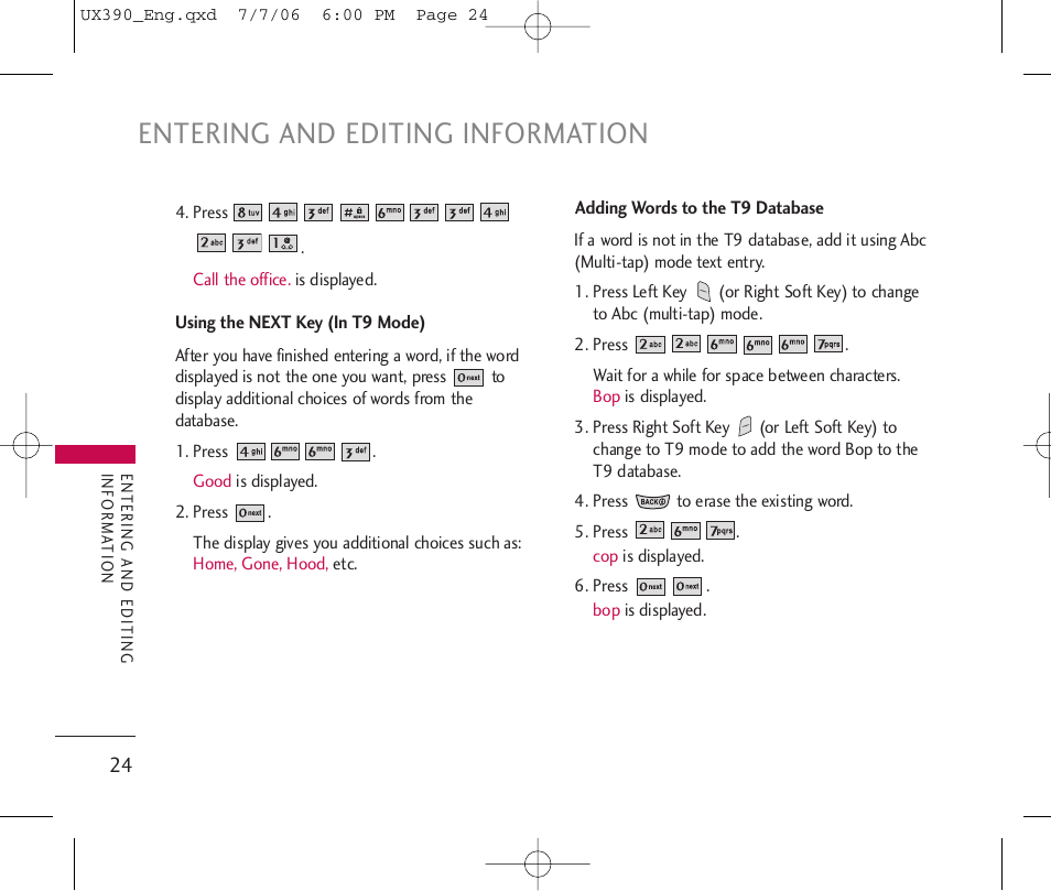 Entering and editing information | LG UX390 User Manual | Page 24 / 105