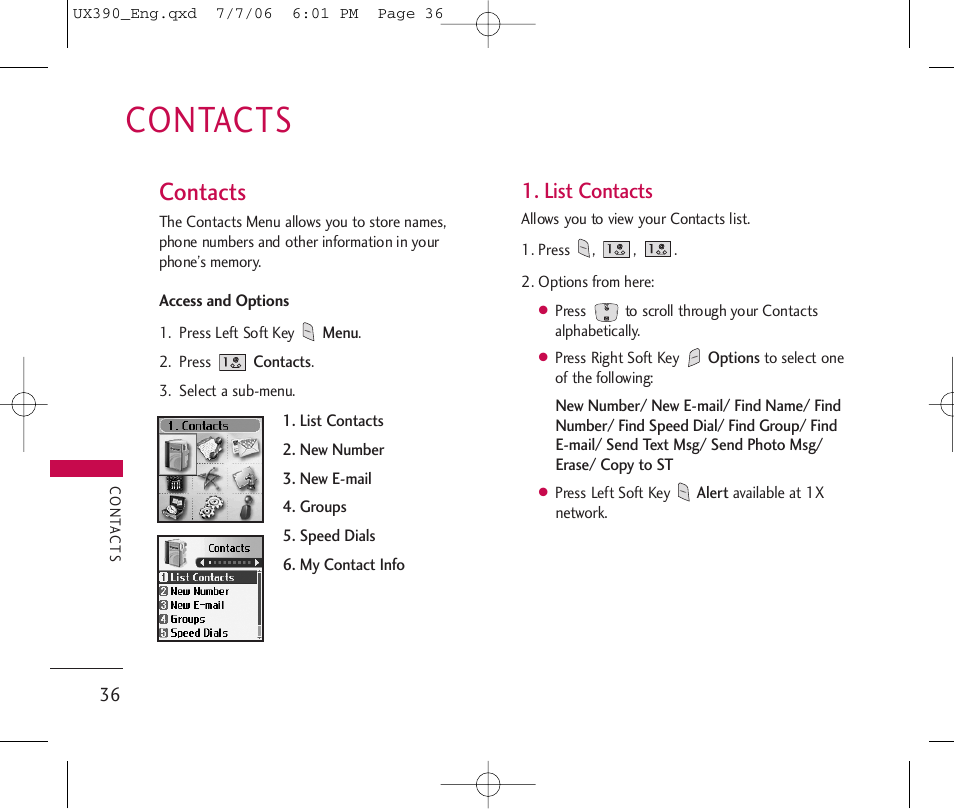 Contacts, List contacts | LG UX390 User Manual | Page 36 / 105