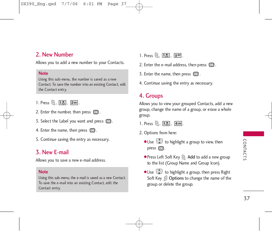 New number, New e-mail, Groups | LG UX390 User Manual | Page 37 / 105