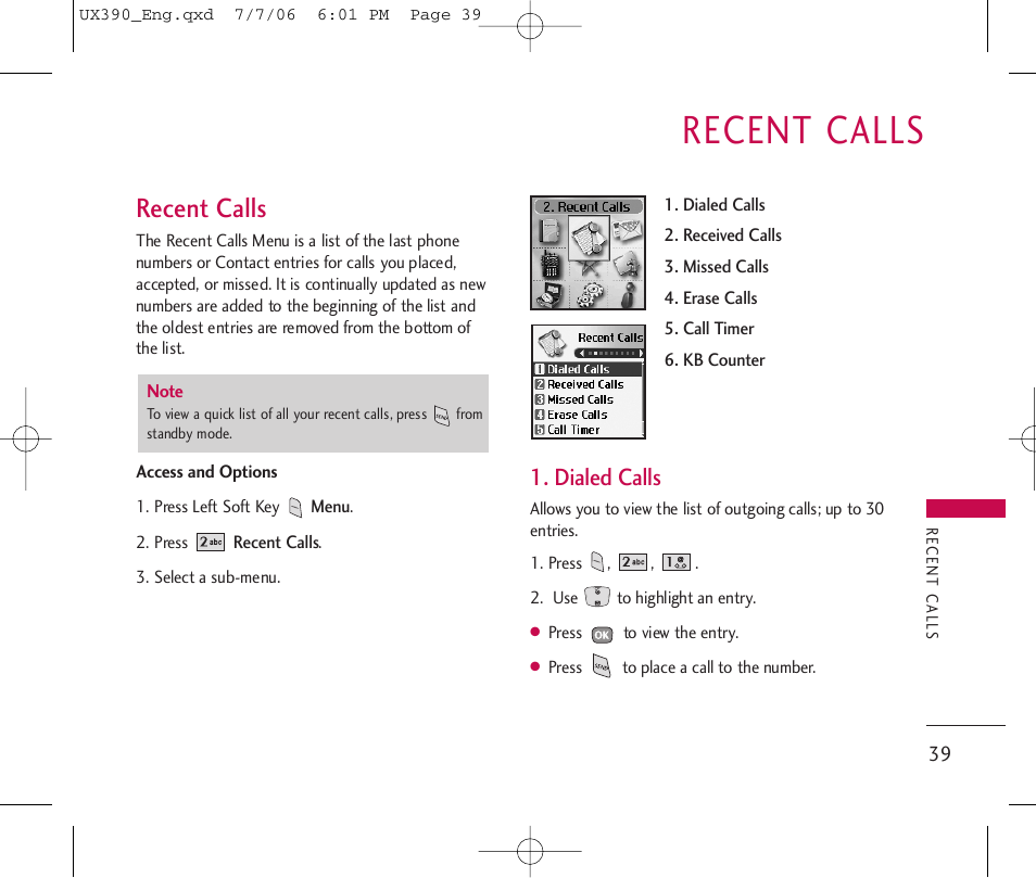 Recent calls, Dialed calls | LG UX390 User Manual | Page 39 / 105