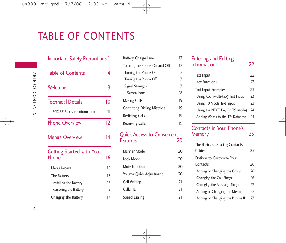 LG UX390 User Manual | Page 4 / 105