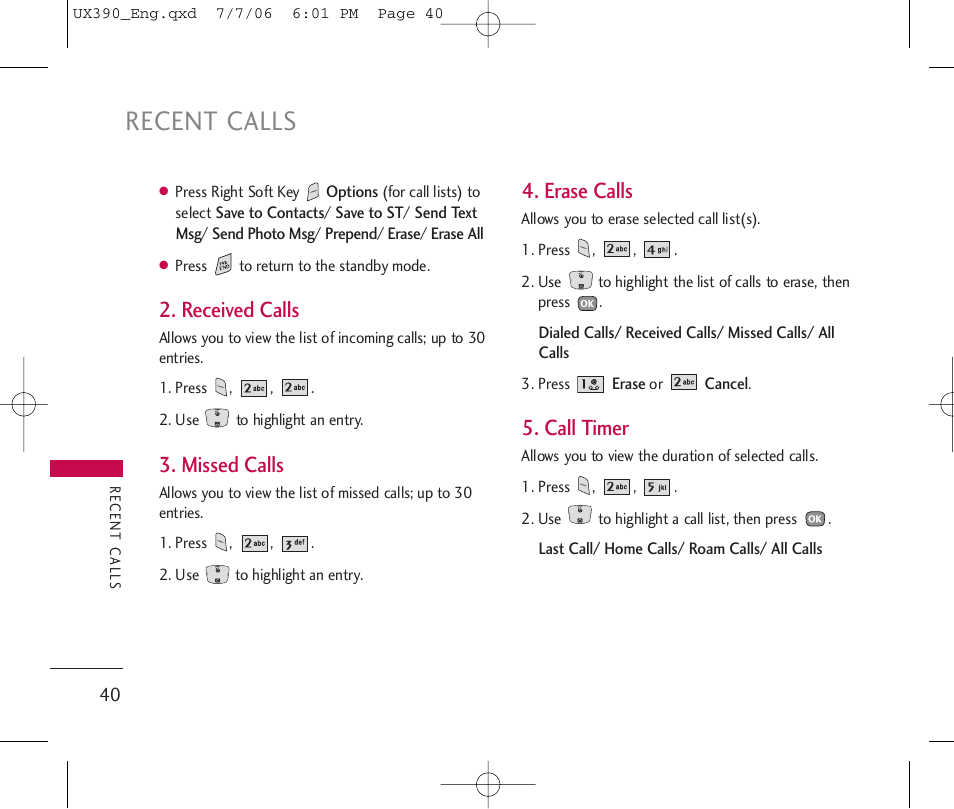 Recent calls, Received calls, Missed calls | Erase calls, Call timer | LG UX390 User Manual | Page 40 / 105