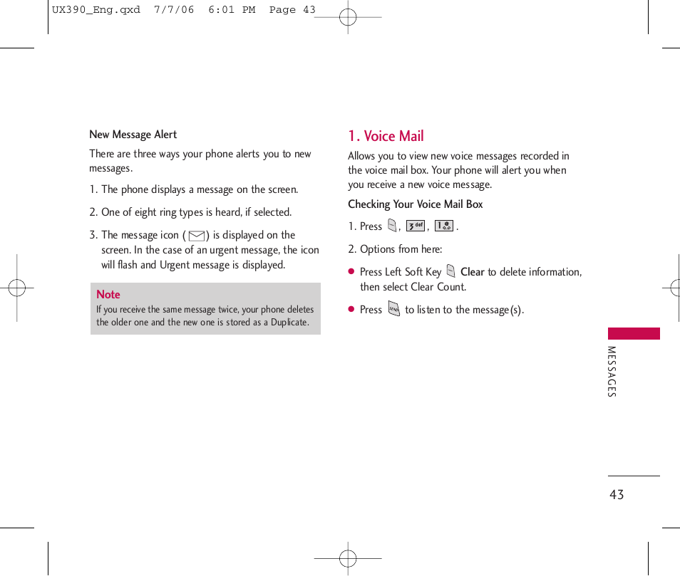 Voice mail | LG UX390 User Manual | Page 43 / 105