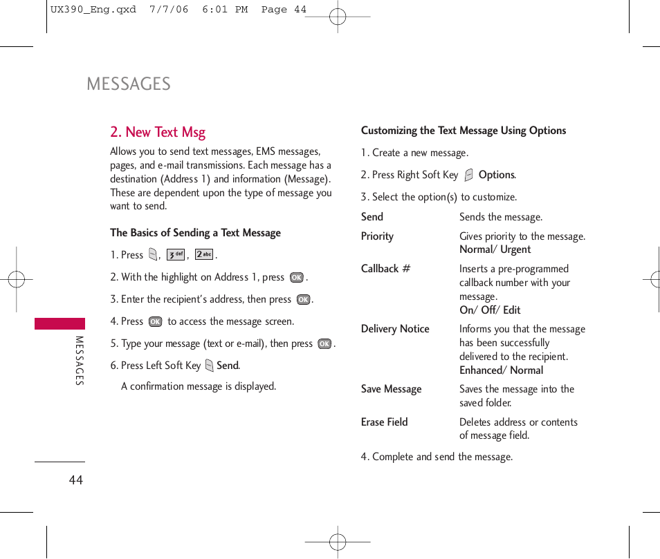 Messages, New text msg | LG UX390 User Manual | Page 44 / 105