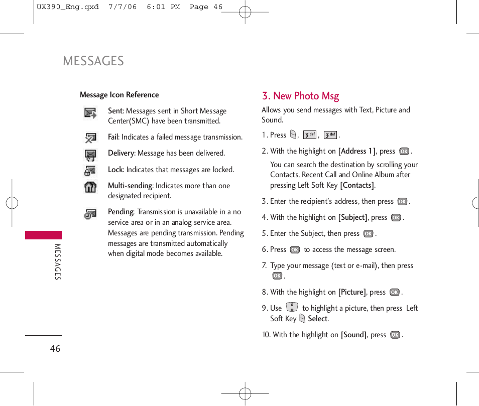 Messages, New photo msg | LG UX390 User Manual | Page 46 / 105