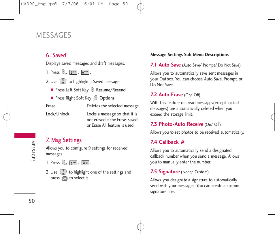 Messages, Saved, Msg settings | LG UX390 User Manual | Page 50 / 105