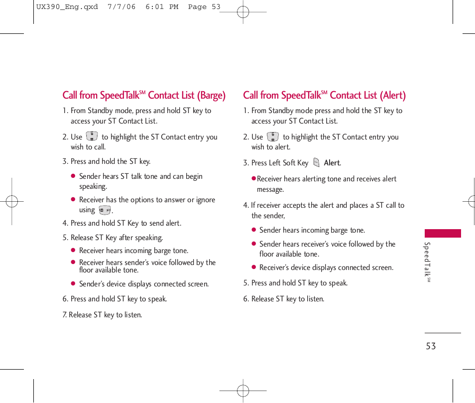 Call from speedtalk, Contact list (barge), Contact list (alert) | LG UX390 User Manual | Page 53 / 105