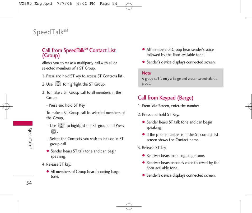 Speedtalk, Call from speedtalk, Contact list (group) | Call from keypad (barge) | LG UX390 User Manual | Page 54 / 105