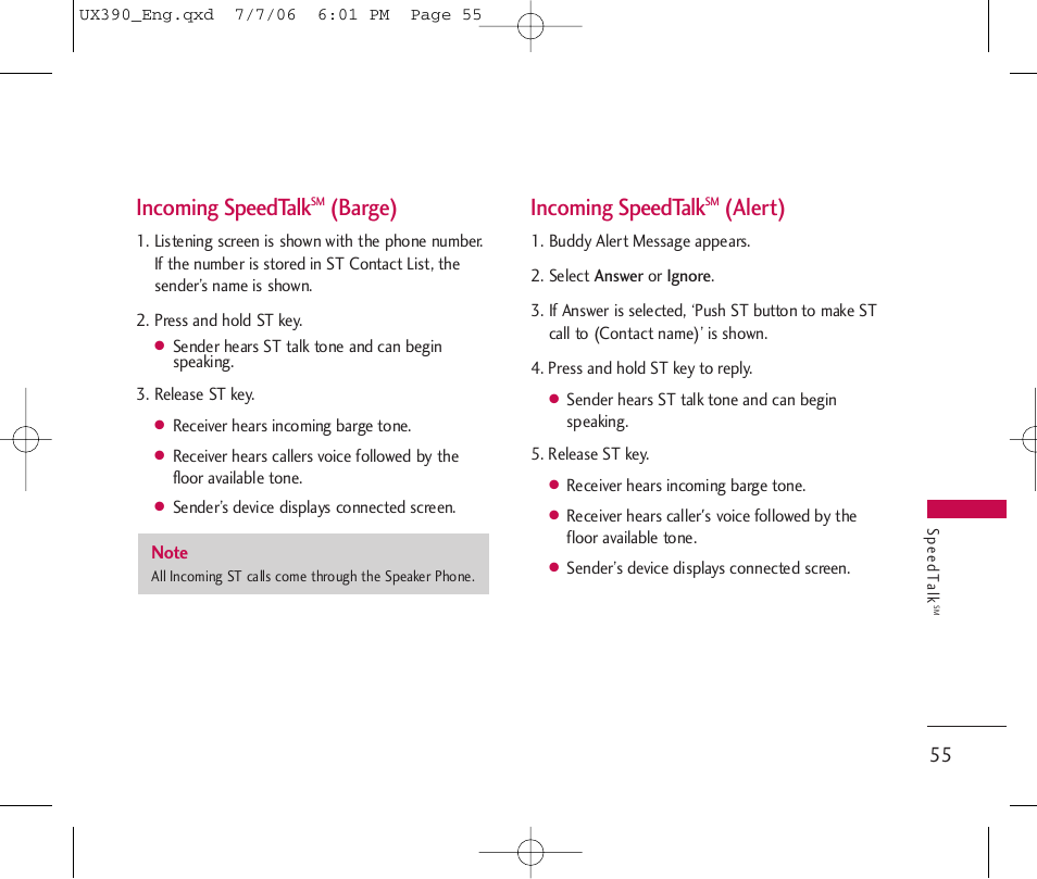 Incoming speedtalk, Barge), Alert) | LG UX390 User Manual | Page 55 / 105