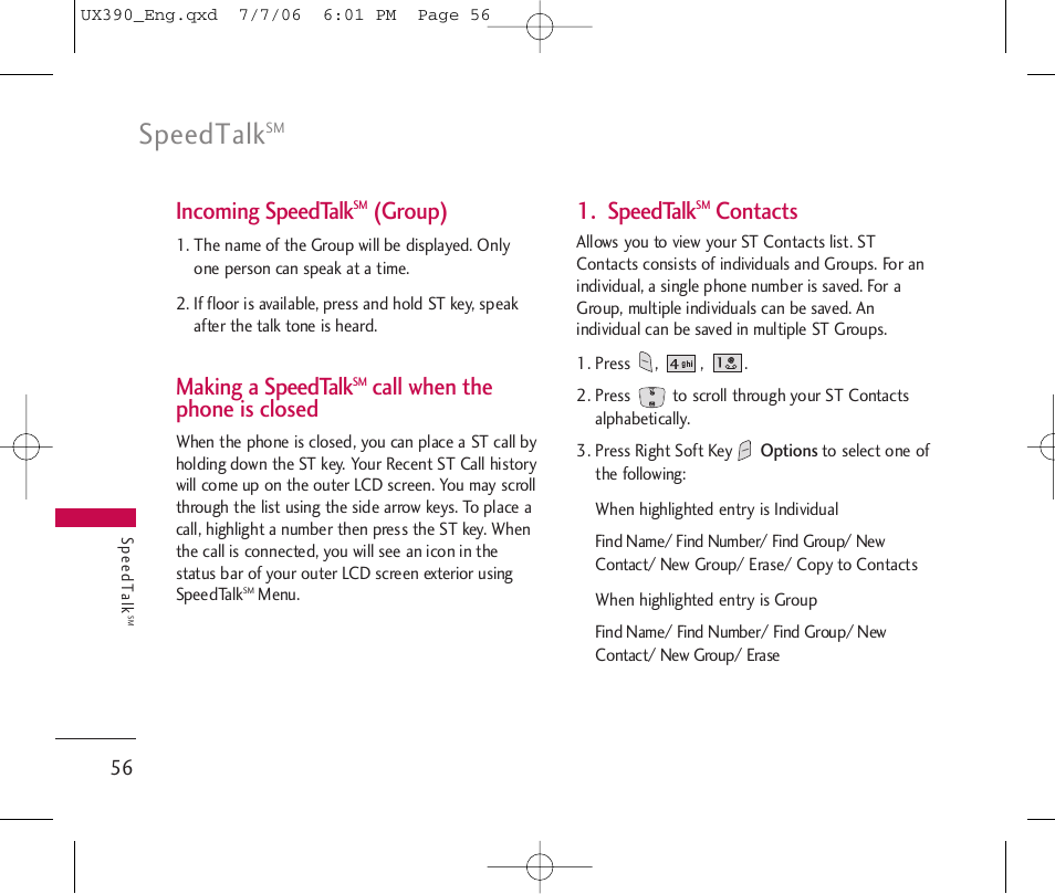 Incoming speedtalk, Group), Making a speedtalk | Call when the phone is closed, Speedtalk, Contacts | LG UX390 User Manual | Page 56 / 105