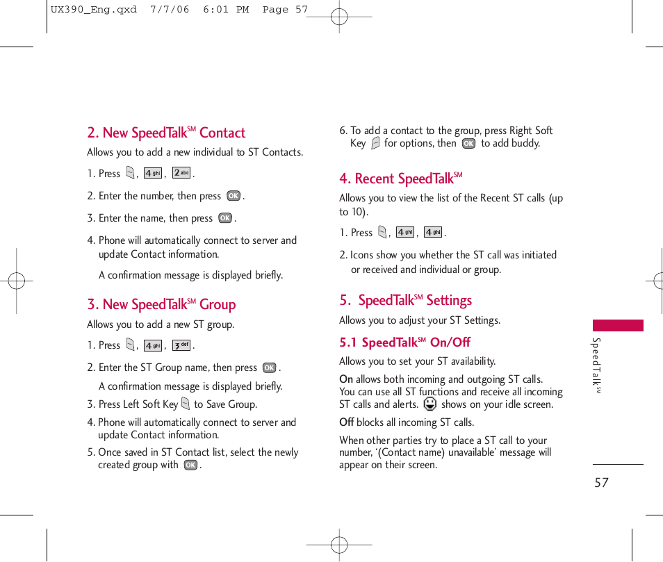 New speedtalk, Contact, Group | Recent speedtalk, Speedtalk, Settings | LG UX390 User Manual | Page 57 / 105