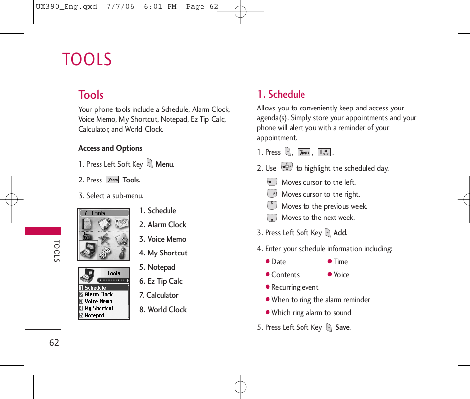 Tools, Schedule | LG UX390 User Manual | Page 62 / 105