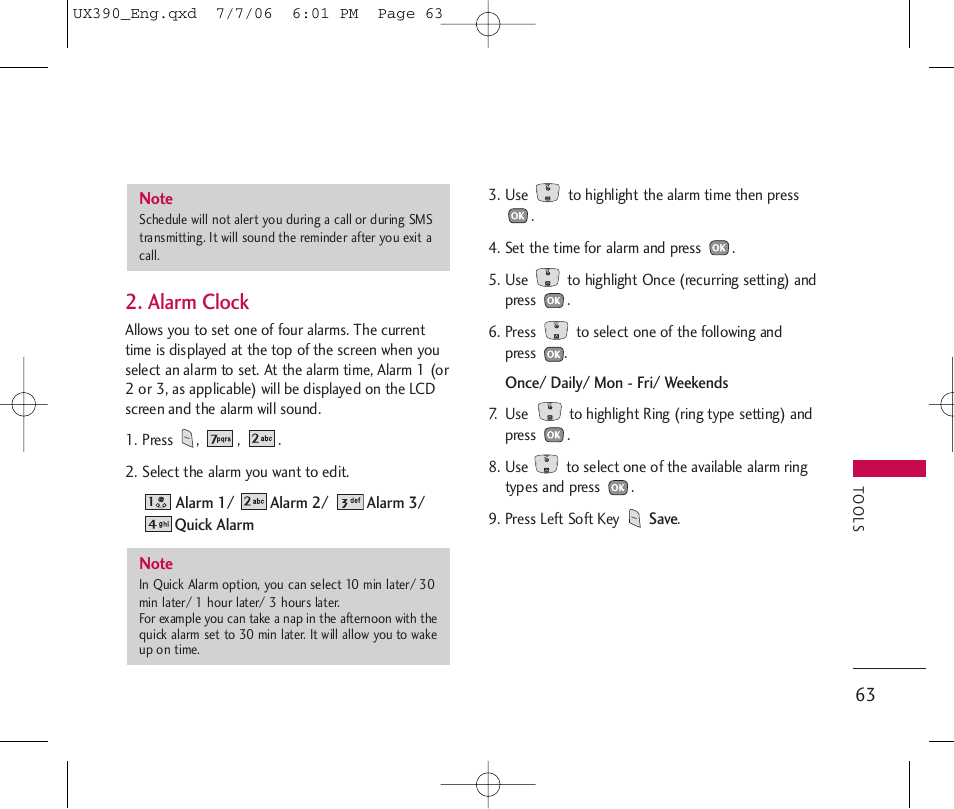 Alarm clock | LG UX390 User Manual | Page 63 / 105