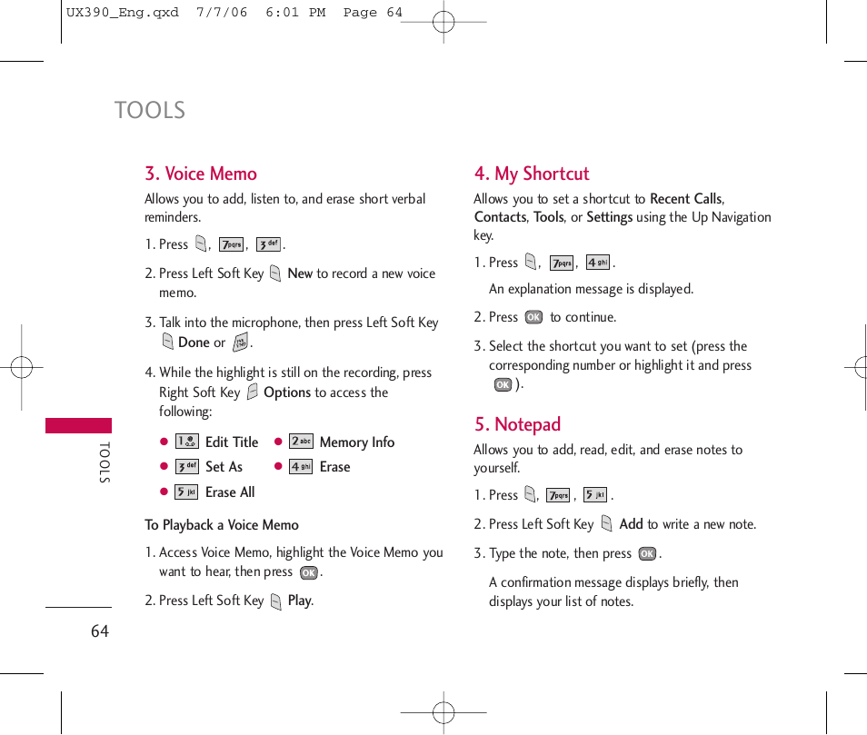 Tools, My shortcut | LG UX390 User Manual | Page 64 / 105