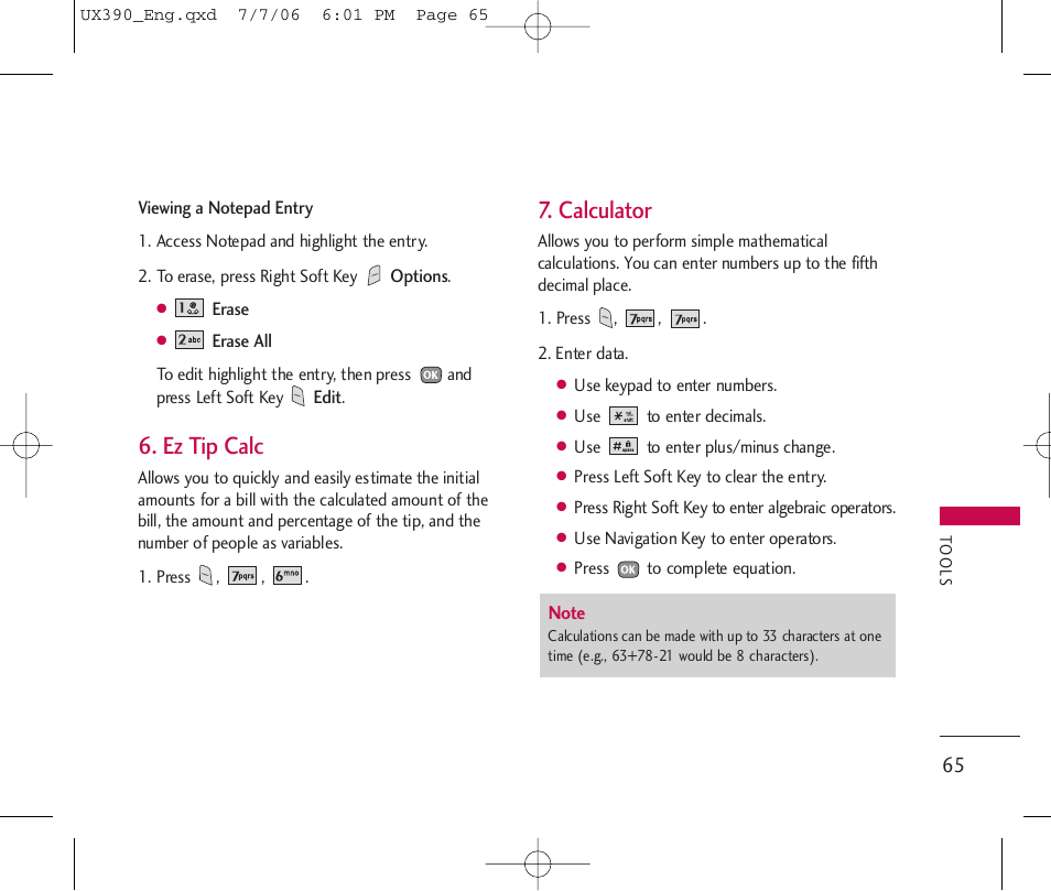 Ez tip calc, Calculator | LG UX390 User Manual | Page 65 / 105