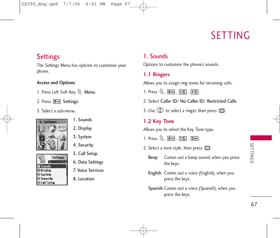 Setting, Settings, Sounds | LG UX390 User Manual | Page 67 / 105