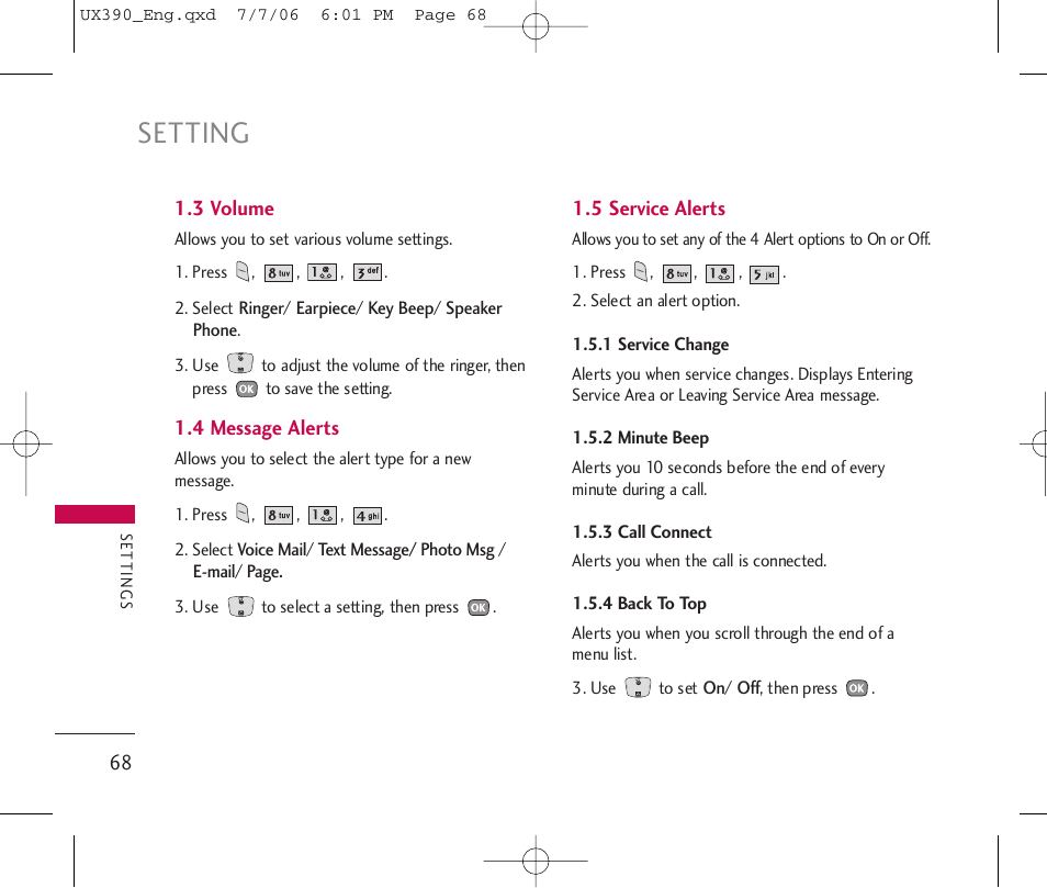 Setting | LG UX390 User Manual | Page 68 / 105