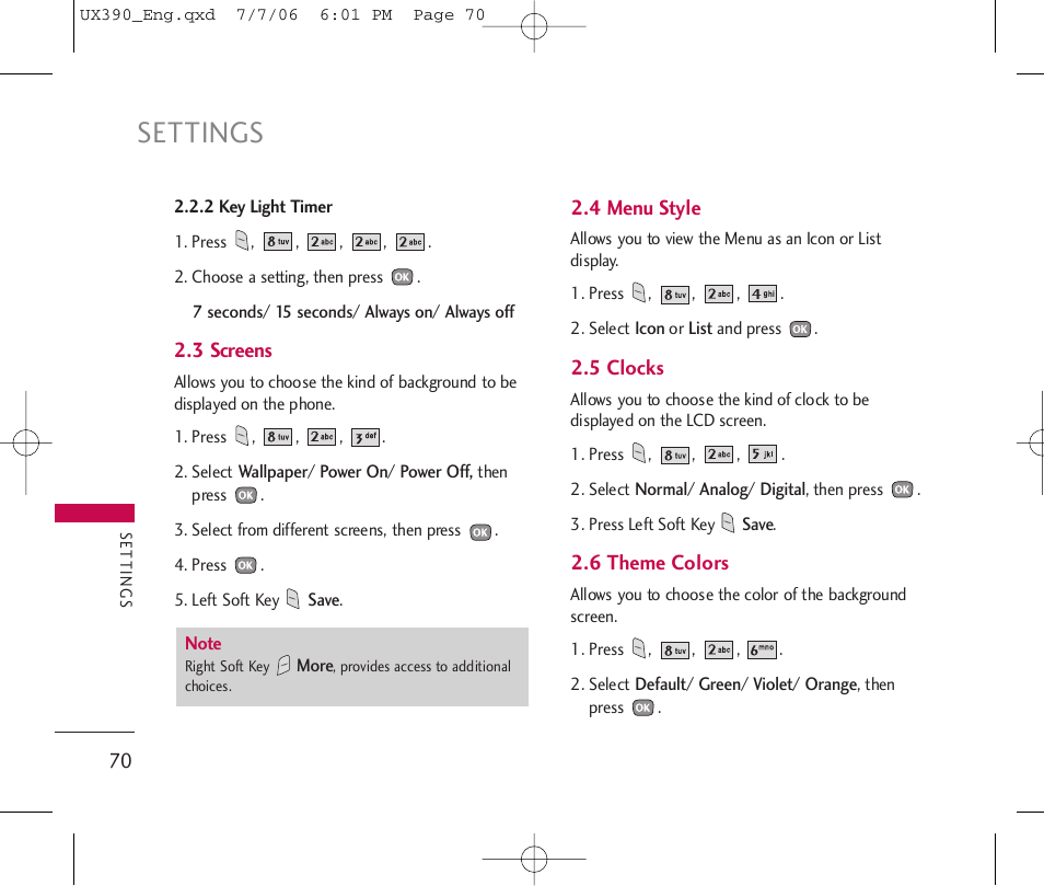 Settings | LG UX390 User Manual | Page 70 / 105