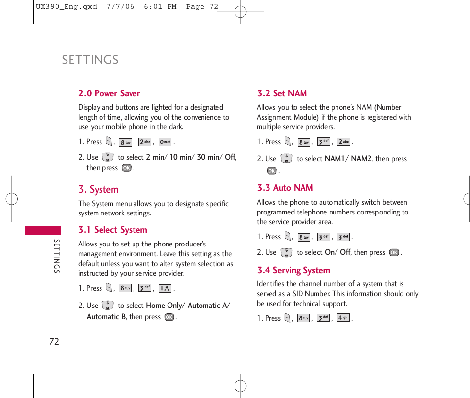 Settings, System | LG UX390 User Manual | Page 72 / 105