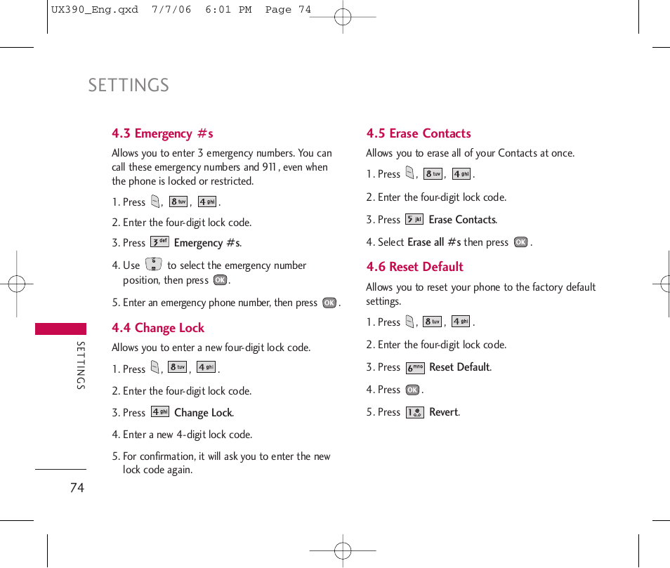 Settings | LG UX390 User Manual | Page 74 / 105