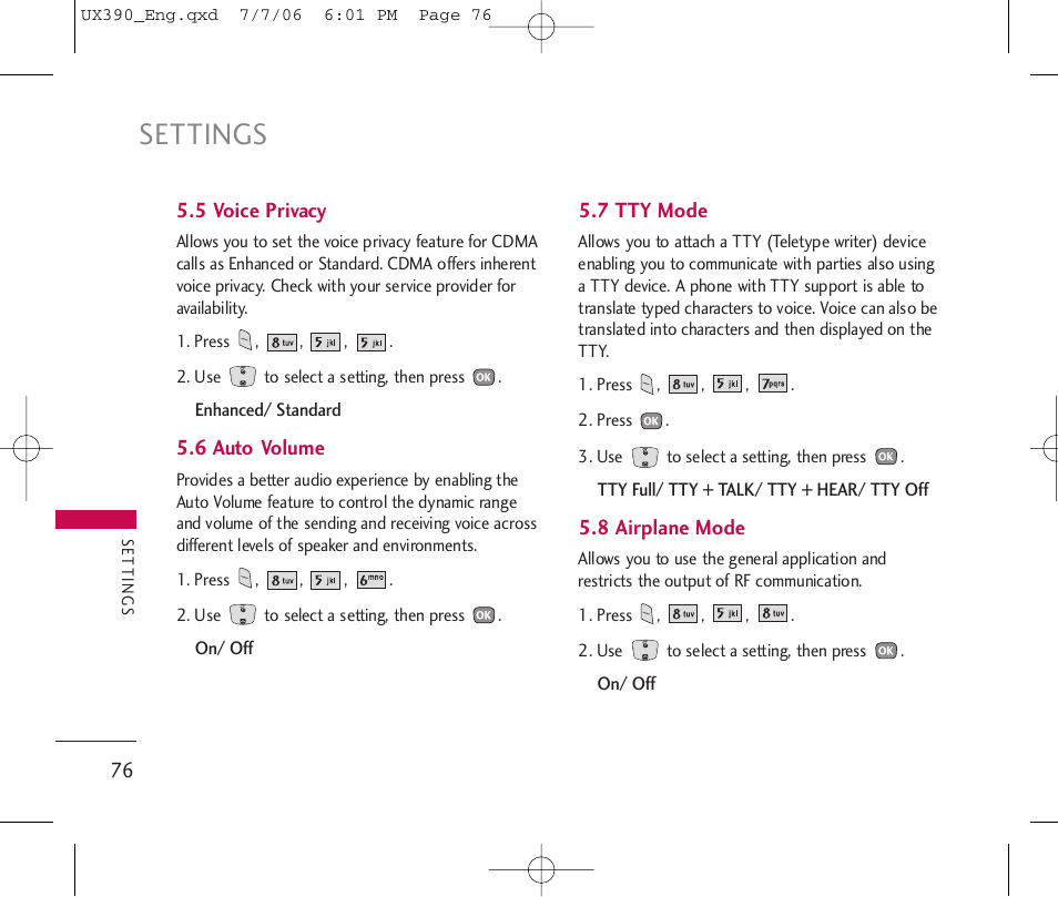 Settings | LG UX390 User Manual | Page 76 / 105