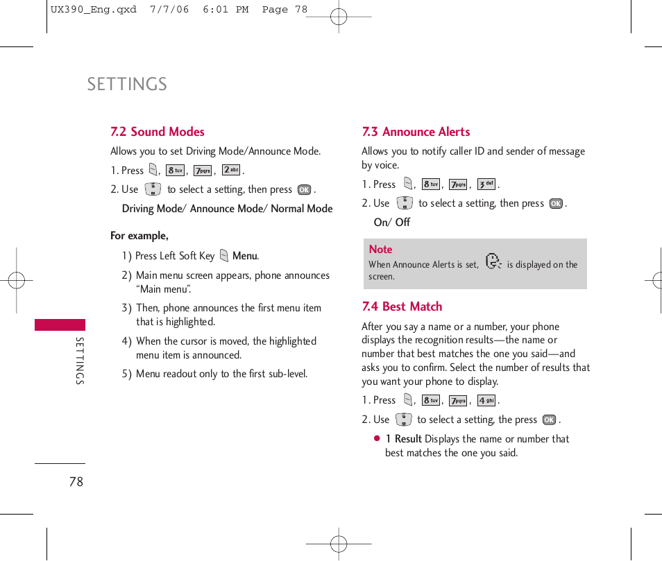 Settings | LG UX390 User Manual | Page 78 / 105