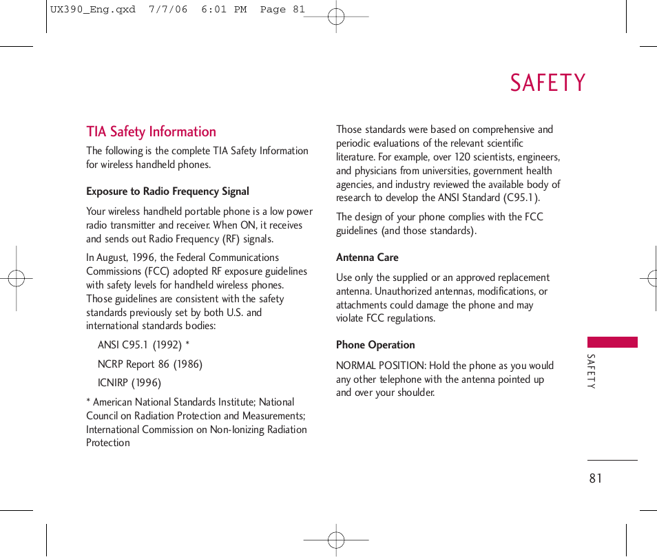 Safety, Tia safety information | LG UX390 User Manual | Page 81 / 105