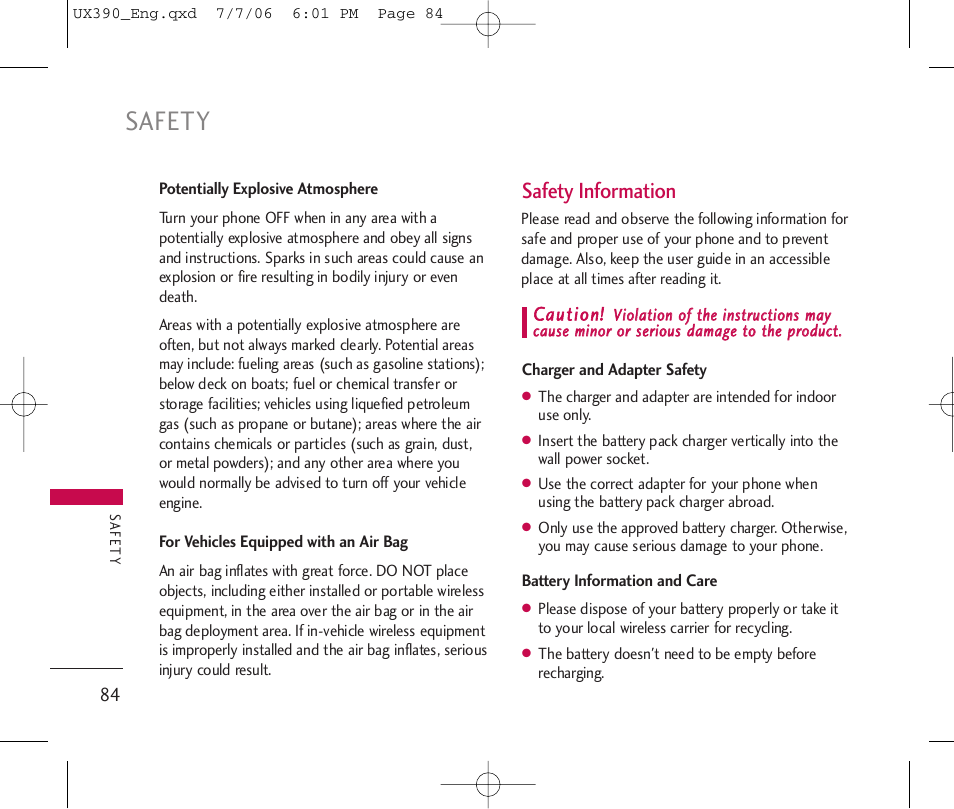 Safety, Safety information | LG UX390 User Manual | Page 84 / 105