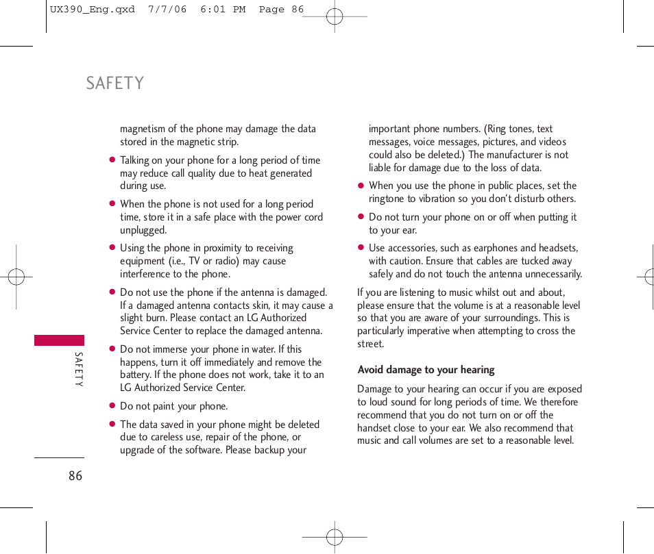 Safety | LG UX390 User Manual | Page 86 / 105