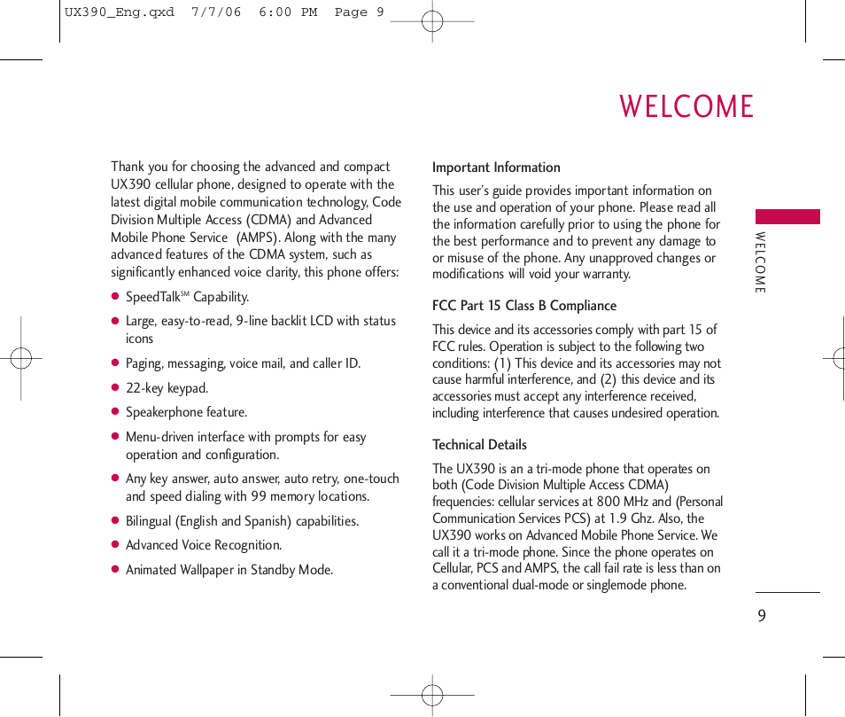 Welcome | LG UX390 User Manual | Page 9 / 105