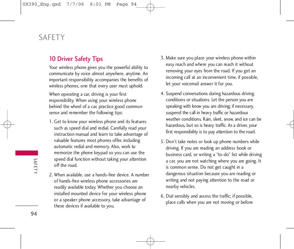 Safety, 10 driver safety tips | LG UX390 User Manual | Page 94 / 105