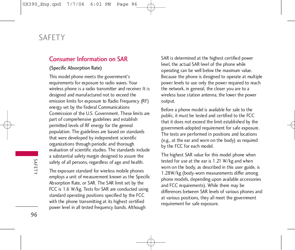 Safety, Consumer information on sar | LG UX390 User Manual | Page 96 / 105