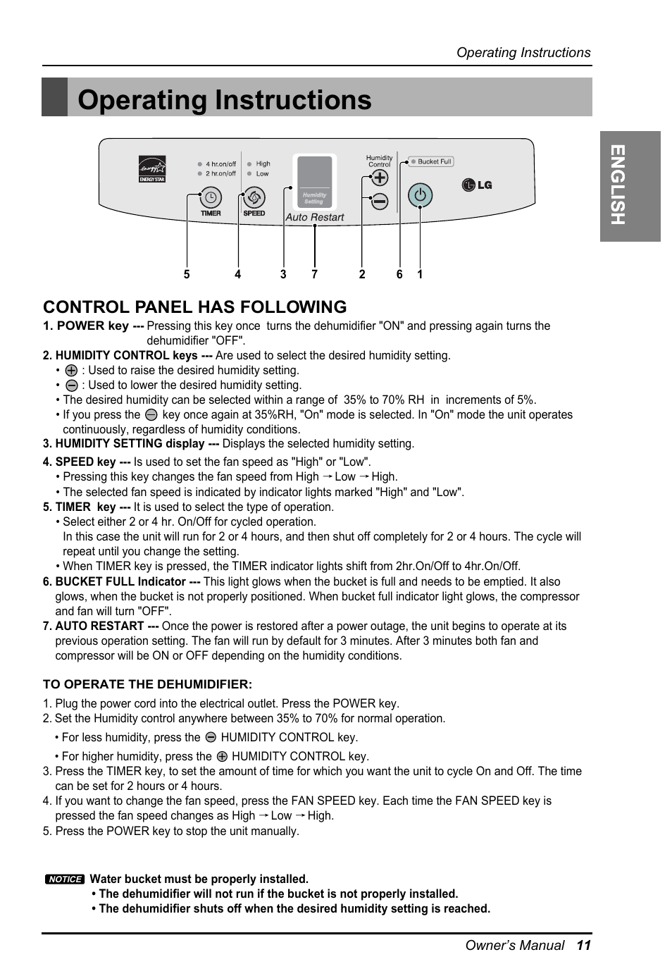 Operating instructions, Englishenglishenglish, Control panel has following | LG LD301 User Manual | Page 11 / 32