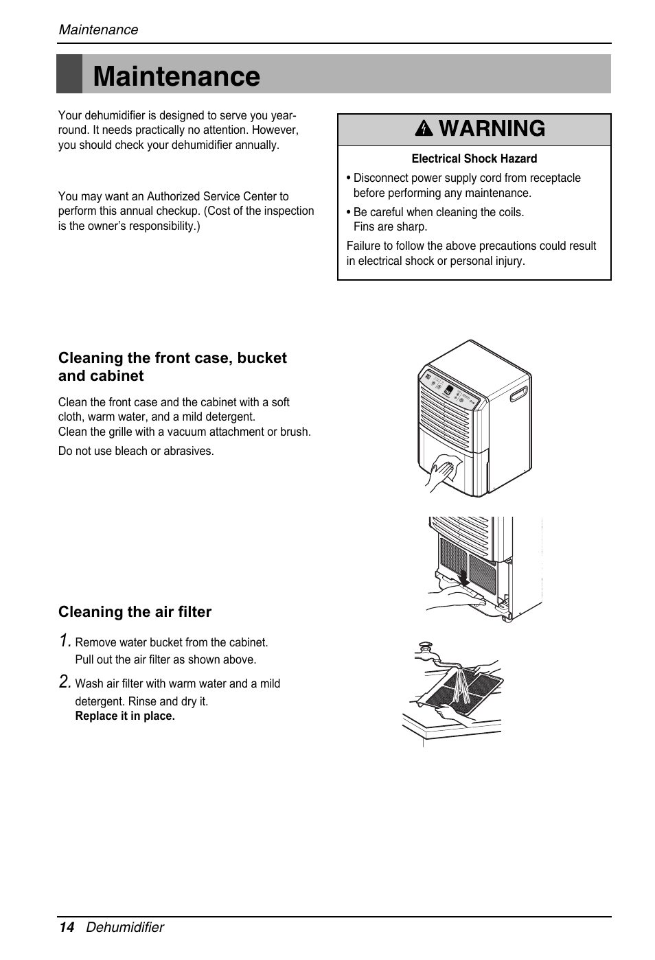 Maintenance, Cleaning the front case, bucket and cabinet, Cleaning the air filter | LG LD301 User Manual | Page 14 / 32