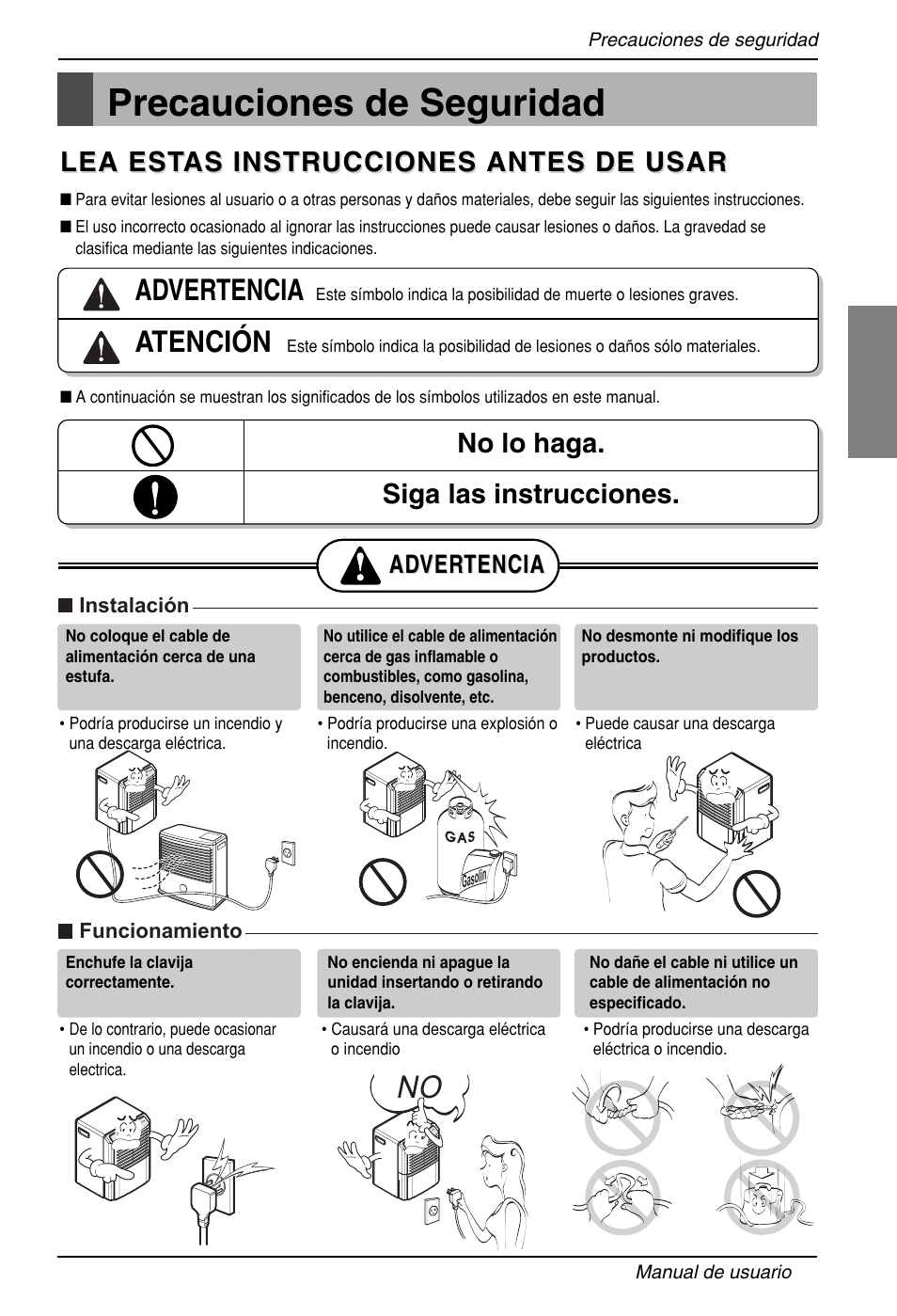 Precauciones de seguridad, Advertencia, Atención | Lea est, No lo haga. siga las instrucciones, Ad ver ver tencia tencia, Esp a ñ ol | LG LD301 User Manual | Page 17 / 32