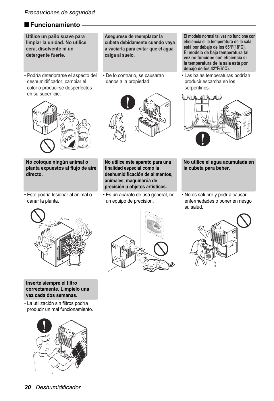 Thinner, Funcionamiento, 20 deshumidificador precauciones de seguridad | LG LD301 User Manual | Page 20 / 32