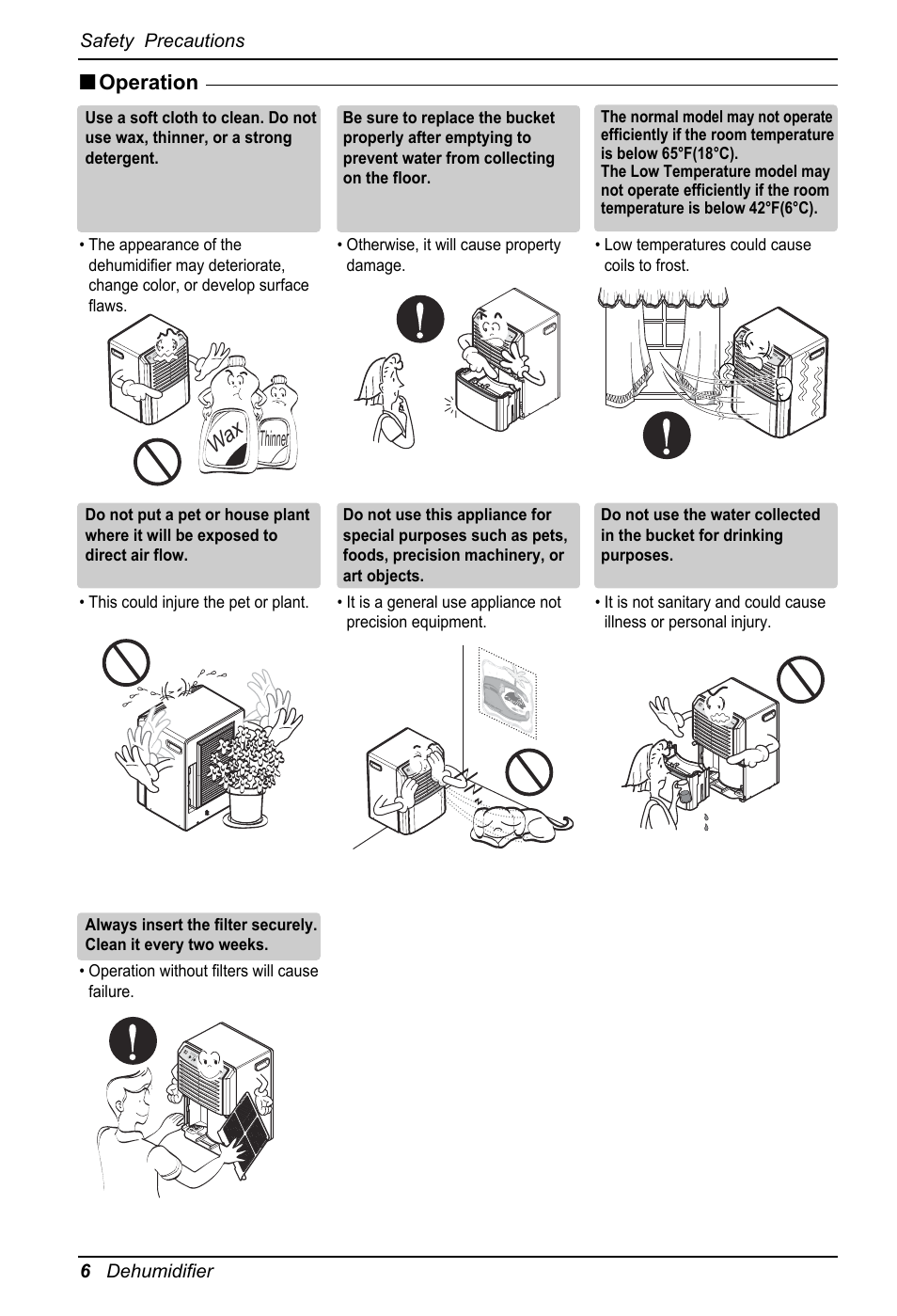 Operation, Thinner, 6 dehumidifier safety precautions | LG LD301 User Manual | Page 6 / 32