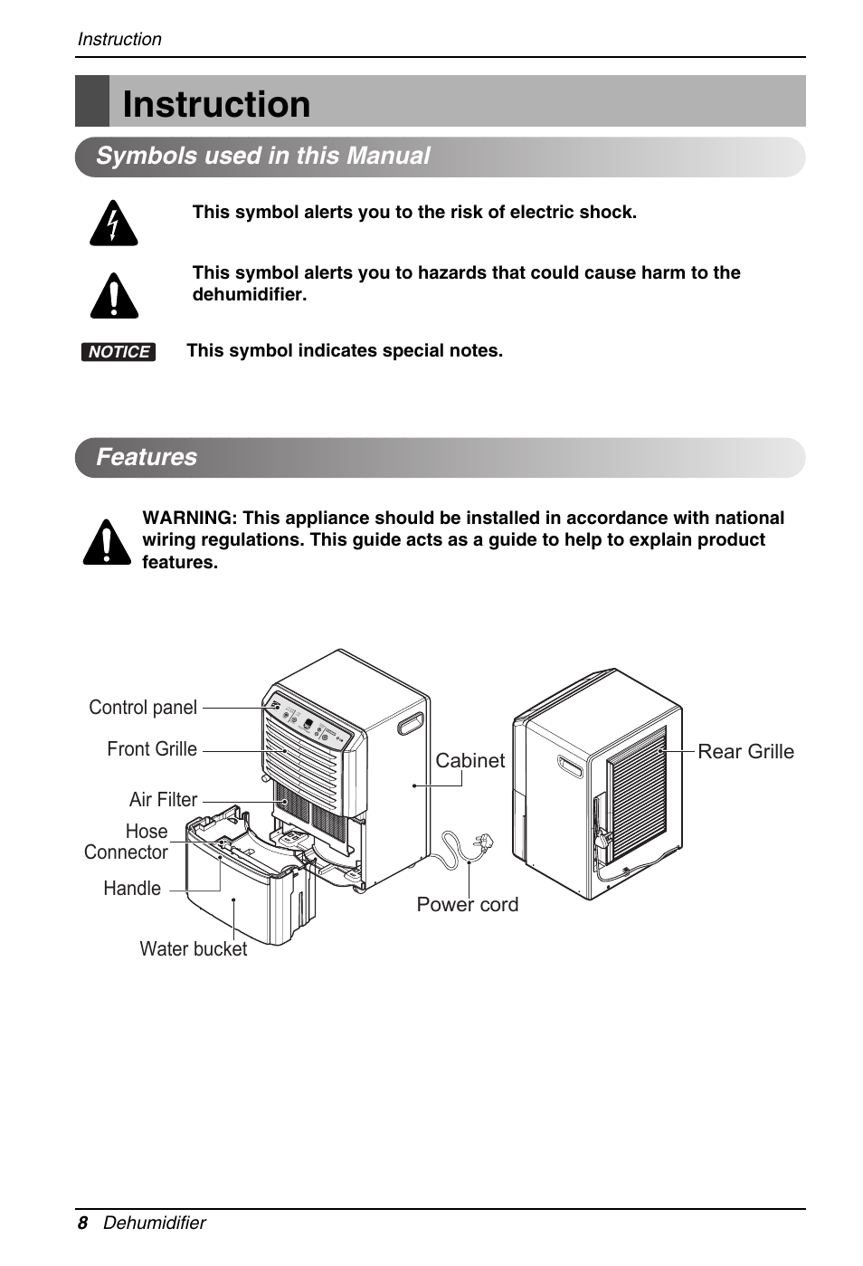 Instruction, Features symbols used in this manual, Handle hose connector | LG LD301 User Manual | Page 8 / 32