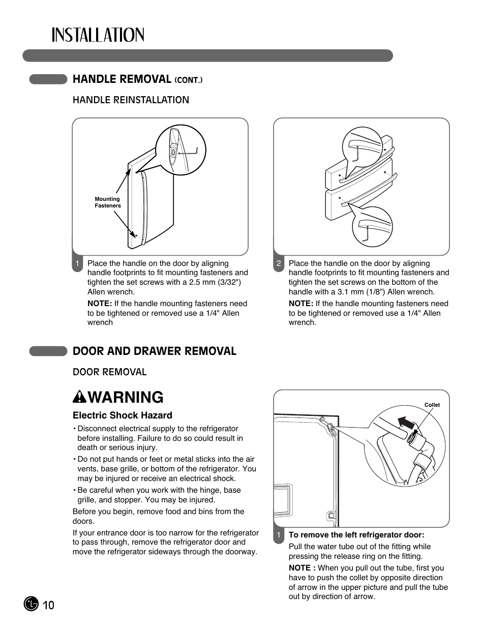 Wwarning, 10 handle removal, Door and drawer removal | LG LMX21981ST User Manual | Page 10 / 46