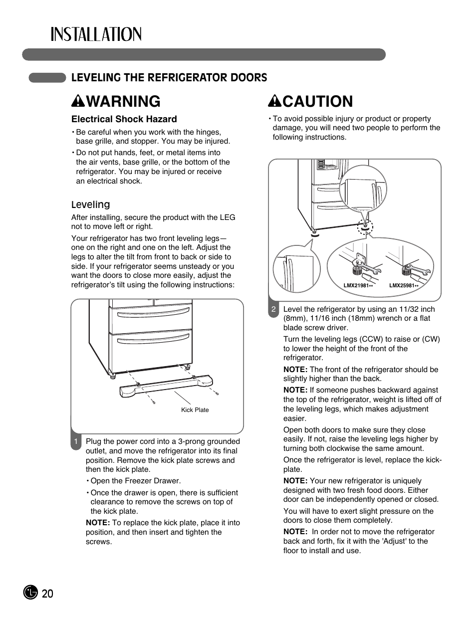 Wwarning, Wcaution, 20 leveling the refrigerator doors | LG LMX21981ST User Manual | Page 20 / 46