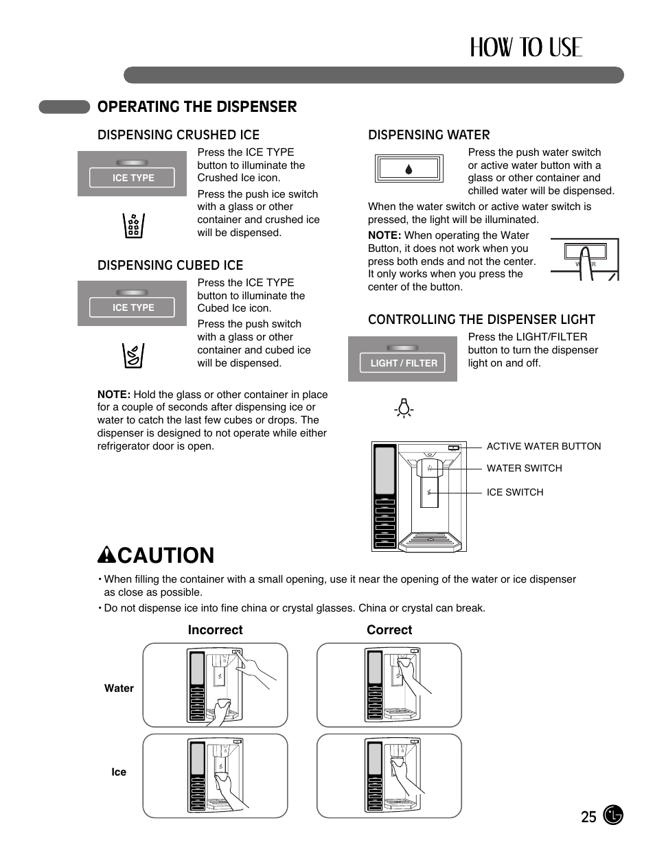 Wcaution, 25 operating the dispenser | LG LMX21981ST User Manual | Page 25 / 46