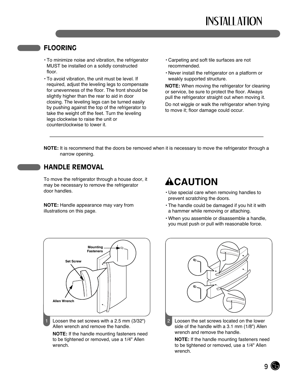 Wcaution, 9flooring, Handle removal | LG LMX21981ST User Manual | Page 9 / 46