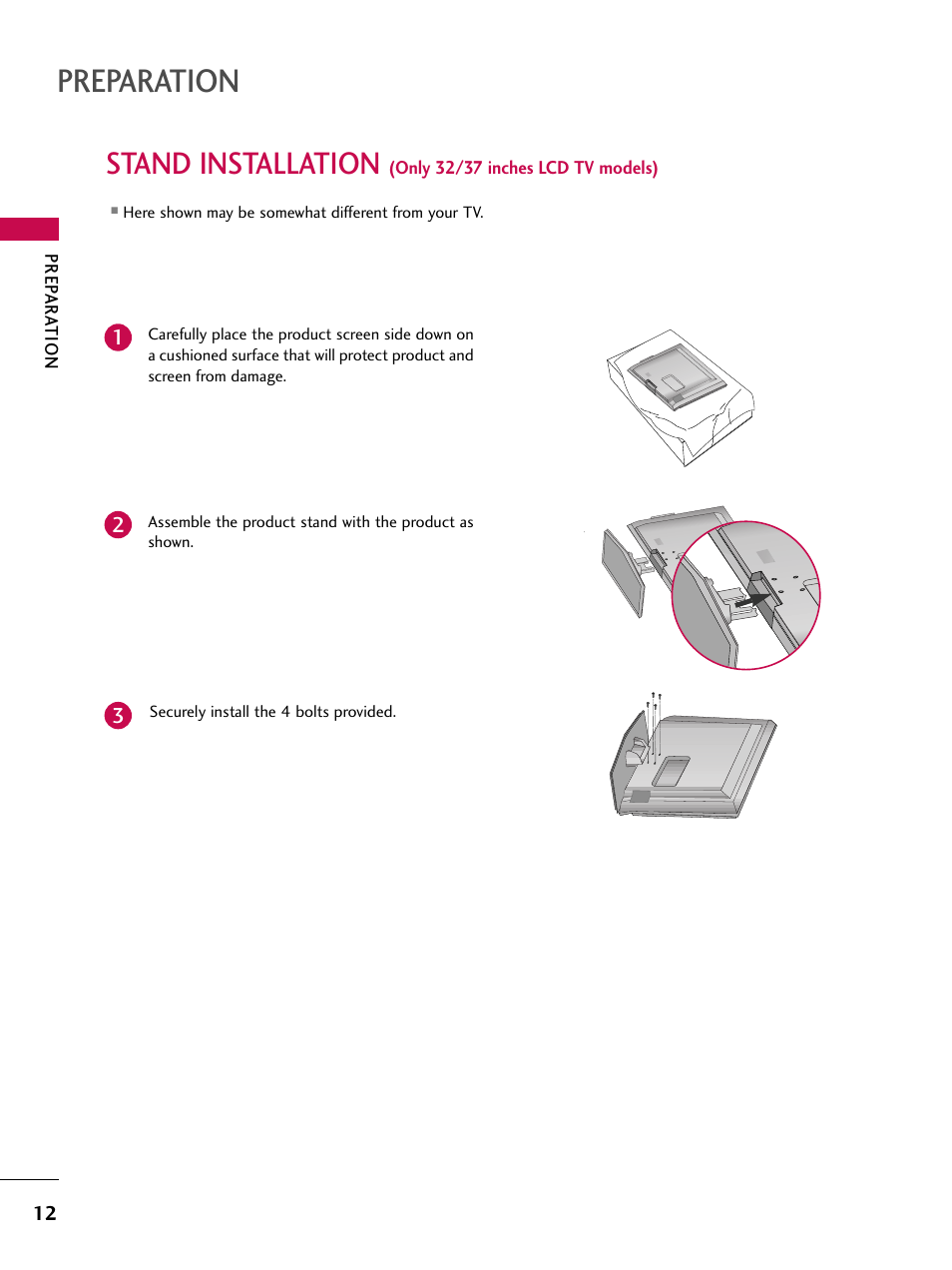 Preparation, Stand installation | LG 37LC7D User Manual | Page 14 / 112