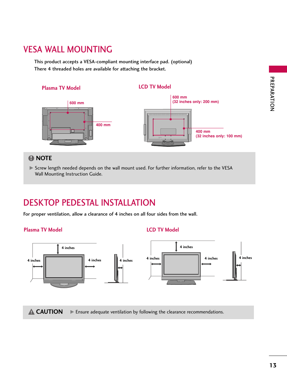 Vesa wall mounting, Desktop pedestal installation, Caution | Prep ar at ion, Plasma tv model lcd tv model | LG 37LC7D User Manual | Page 15 / 112