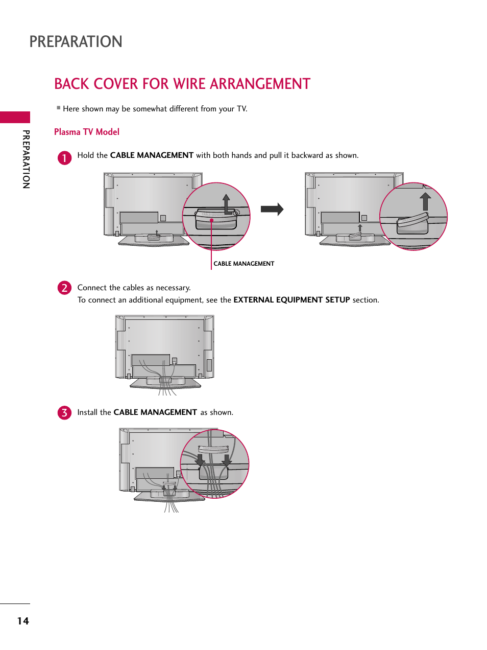 Back cover for wire arrangement, Plasma tv model, Preparation | LG 37LC7D User Manual | Page 16 / 112