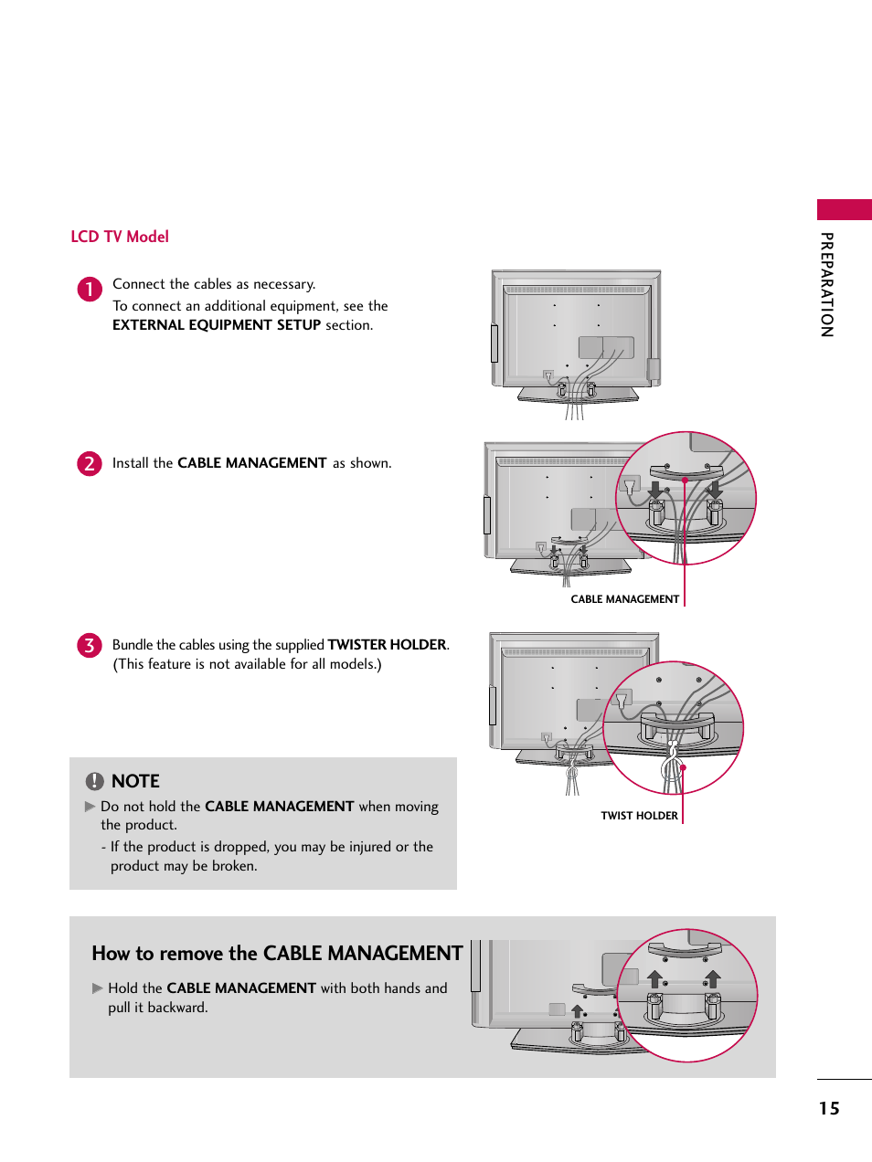 Lcd tv model, How to remove the cable management | LG 37LC7D User Manual | Page 17 / 112