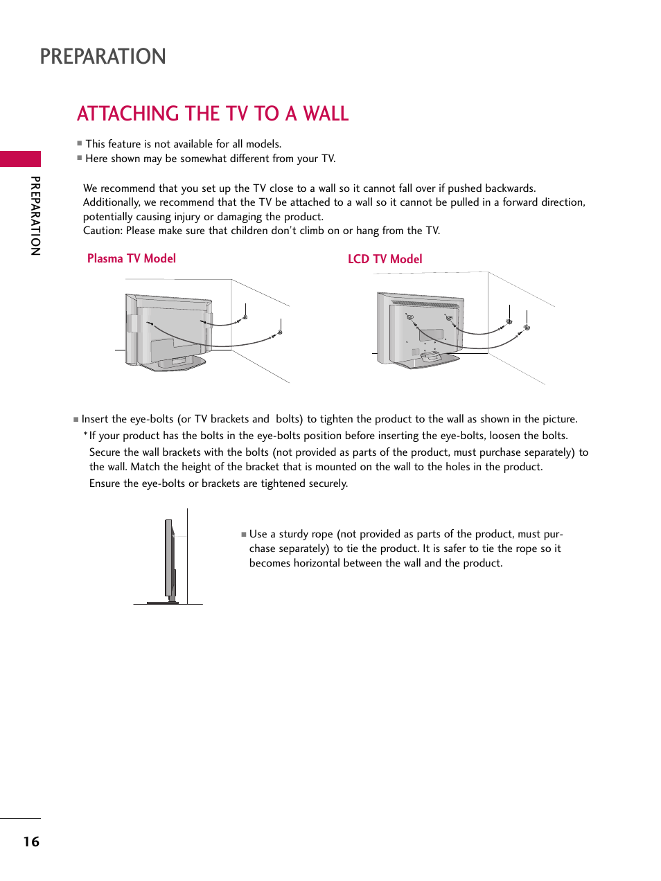 Attaching the tv to a wall, Preparation | LG 37LC7D User Manual | Page 18 / 112